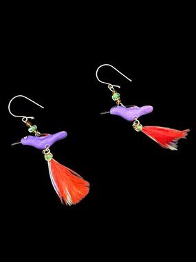 Purple Bird Pierced Earrings Dangling with Feathers Tropical Costume Jewelry